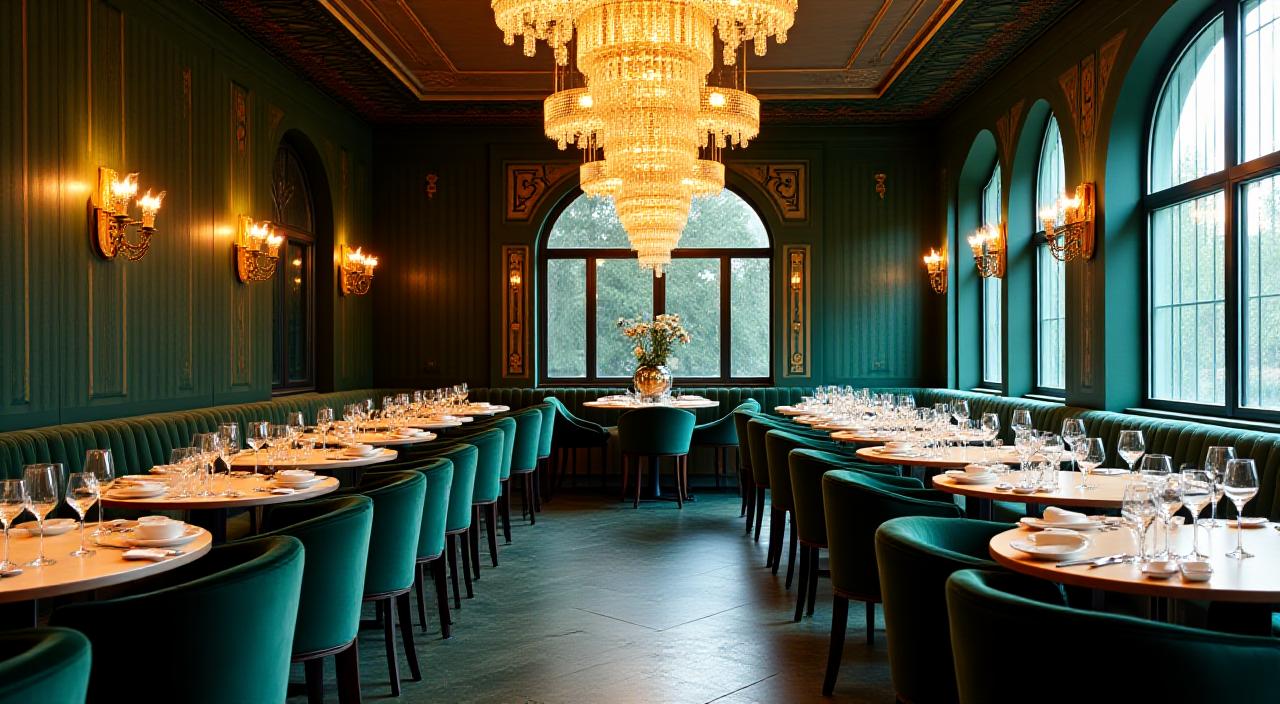 Interno lussuoso del ristorante DecoDine con dettagli Art Deco